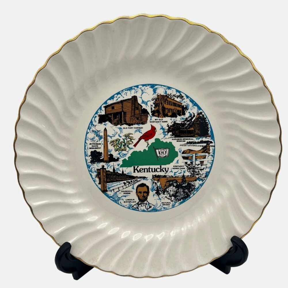 Vintage Kentucky Souvenir Collectible Plate Gold Trim Historic Landmarks 9.75”